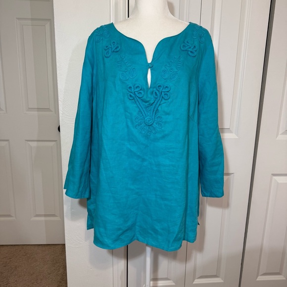 ECOLOGIE 100% Linen Tunic Top Plus Sz 3X 3/4 Sleeve Turquoise Embroidered EUC - Picture 1 of 11